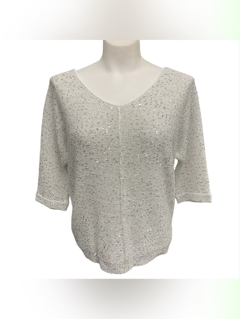 WD.NY White Sequin V-Neck Knit Top Size M